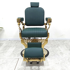 Sillón de Barbería Hidráulico Vintage, Ajustable, para Corte de Cabello, Tapizado en Verde, Reclinable, con Reposapiés - Product Image 1