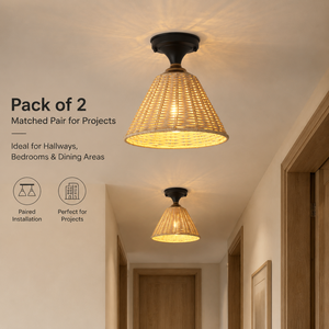 Lámpara de techo empotrada de ratán estilo boho, paquete de 2, hierro, pantalla natural, blanco cálido, decorativa para interiores, dormitorio, pasillo - Product Image 3
