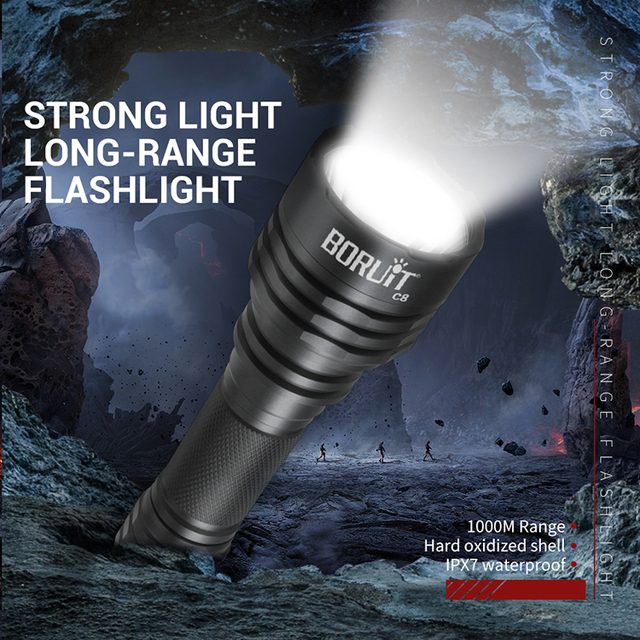 Boruit  C8 Super Brightest 1050 Lumen LED Torch Super Bright 1km Long Range White Flashlight with Rechargeable Battery
