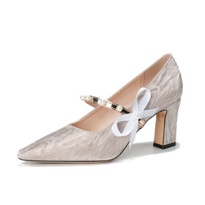 Escarpins de mariée à bout pointu, talon carré, bride en T, nœud décoratif, doublure en satin, chaussures de mariage à talon haut 7188-11 - Product Image 4