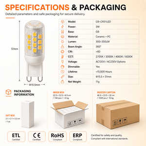 G9 LED <b>Bulb</b> SMD 3W 280-330LM 3000K Warm <b>White</b> 15000H CE ETL RoHS G16 <b>Bulb</b> OEM Factory for Home Indoor Lighting - Product Image 3
