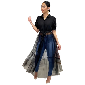 Nouveau Sexy noir Blouse femmes manches chemises été mode demi manches dentelle maille longue volants Blouse hauts - Product Image 5