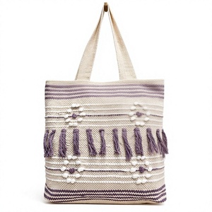 Bohemian <b>Canvas</b> Tote Bag With Beaded Trim And Purple Tassels Open Top Striped Pattern All Seasons Shopping Bag thread pattern - Product Image 1