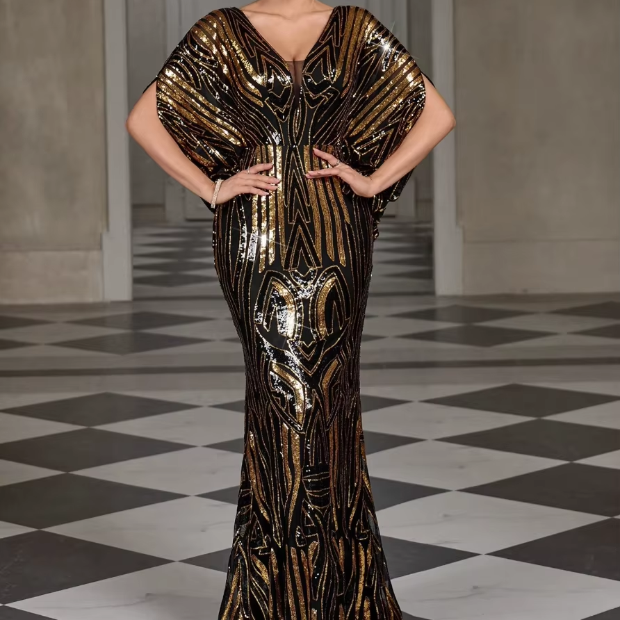 green emerald velvet dress Gold Rhinestones Black Sequined Trumpet Prom Dress