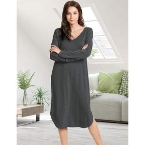 Camisón de viscosa de bambú para mujer, manga larga, cuello en V, ropa de dormir, largo por debajo de la rodilla, vestido de pijama. - Product Image 2