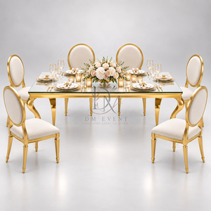 High End Gold Stainless Steel Banquet <b>Table</b> <b>Mirror</b> Glass <b>Top</b> Curved Legs Luxury Wedding Event Wholesale Supplier - Product Image 1