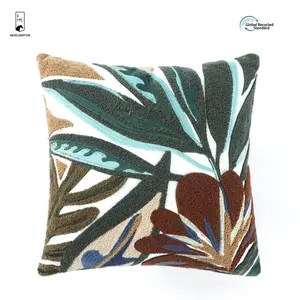 2023 New Design Vibrant Plant GRS Certificated Cotton 18x18 Inch Green Leaves Embroidery Pillow Case Cover