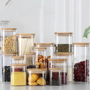 Conteneur alimentaire hermétique carré en verre avec couvercle en bambou, design zen asiatique, en borosilicate, empilable, pour fêtes - Product Image 1