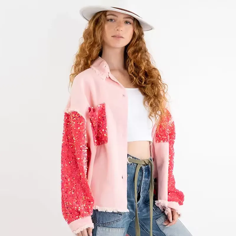 Veste en jean pour femmes Veste en jean décontractée à paillettes effilochée pour femmes Veste chemise extensible déchirée avec poches