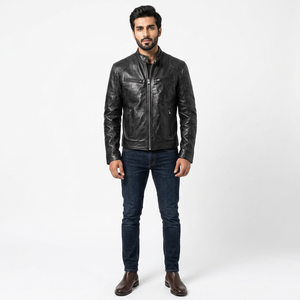 Blouson en cuir de moto vintage respirant et ajusté pour homme, en cuir de vachette, collection printemps-automne, taille XS, nouvelle mode transfrontalière avec fermeture éclair - Product Image 1