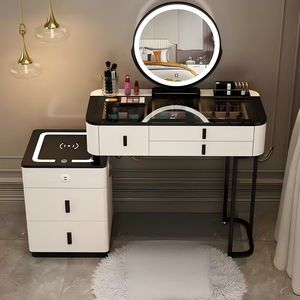 Luxury Nordic Style Solid Wood Multi-Functional Smart Makeup Vanity Wireless Charging Bedroom <strong>Dressing</strong> <strong>Table</strong> with LED Mirror - Product Image 2