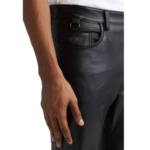 سراويل جلدية سوداء نحيفة للرجال مخصصة عالية الخصر خفيفة الوزن على الطراز الكاجوال مصبوغة سادة بدون طريقة حياكة - Product Image 4