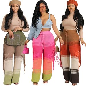 Pantalon décontracté pour femme en tricot color block avec franges crochetées à la main, coupe droite ample, tendance - Product Image 1