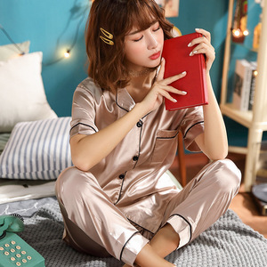 Soie deux pièces à manches courtes femmes soyeux pyjamas solide imprimé glace soie dames maison bureau décontracté <span class=keywords><strong>grande</strong></span> <span class=keywords><strong>taille</strong></span> 5XL Satin vêtements <span class=keywords><strong>de</strong></span> <span class=keywords><strong>nuit</strong></span> - Product Image 4