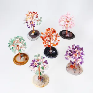 Natural Healing Crystal Crafts Gemstone Ornamental Tree With Agate Slice Base Crystal Money Tree For Decoration Gifts