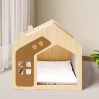 Niedliches Hausförmiges Holz-Katzenbett - Indoor-Haustier-Versteck mit Weichem Kissen, Belüftete Katzenhöhle für Katzen