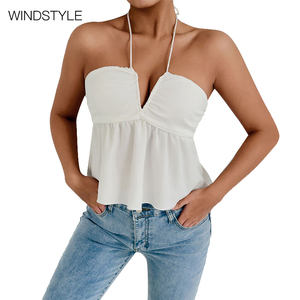 Canottiera estiva Sexy da donna <span class=keywords><strong>con</strong></span> scollo a V profondo aderente gilet arruffato in maglia Spandex <span class=keywords><strong>con</strong></span> colletto quadrato, stampa <span class=keywords><strong>con</strong></span> Logo frontale in stile dolce - Product Image 1