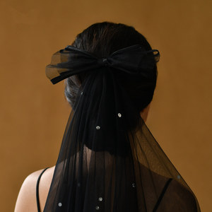 LUOXIN Retro Black Bow Trimmed Double-Layer Rhinestone Tulle Veil for Women <b>Wedding</b> Party - Product Image 2