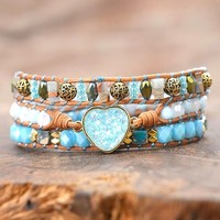 Bracelet de cœur en pierre naturelle à trois couches réglable fait à la main Bracelet de pierres précieuses perlé de tempérament unisexe pour femmes et hommes