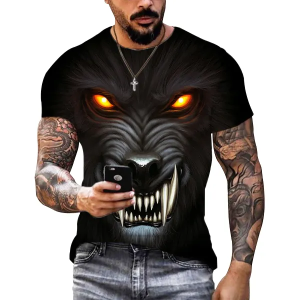 Camiseta de manga curta para homens com estampa de lobo animal unissex, camiseta grande com gola redonda, roupas masculinas, lobisomem, vampiro, 3D, verão