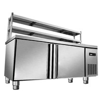 Table de travail en acier inoxydable poli pour cuisine professionnelle, avec plan de travail, panneau de commande, comptoir, réfrigérateur et refroidisseur