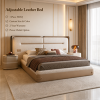 Base de Cama de Lujo Moderna Ajustable de Perfil Bajo con Tapicería de Cuero, Cabecero de Panel Suave y Tomas de Corriente para Proyectos de Dormitorios de Hotel