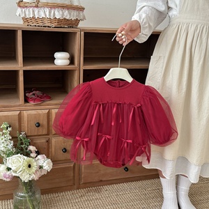 Abbigliamento per Neonati Stile Coreano, Tutina in Cotone e Rete per Primavera e Autunno, Vestito da Principessa Rosso per Bambine di Un Anno, Classe Guangdong - Product Image 1