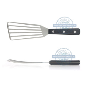 () Espátula de pescado de acero inoxidable Espátula giratoria <span class=keywords><strong>ranurada</strong></span> con ángulo curvo y mango de madera pakka para chefs - Product Image 1