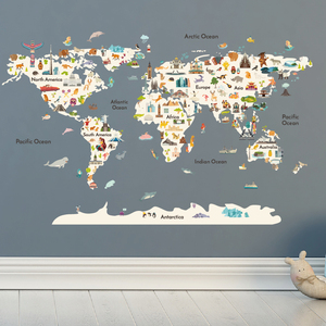 Nuovi Adesivi Murali Educativi in PVC con <span class=keywords><strong>Mappa</strong></span> <span class=keywords><strong>del</strong></span> <span class=keywords><strong>Mondo</strong></span>, Decorazioni per Camerette di Asili e Scuole Materne con Animali Cartoon - Product Image 3