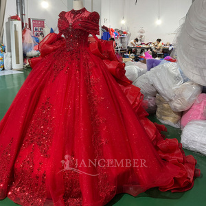 Mc056 Ruby Red Glitter Organza Party Dress Boat Neck Beaded Fringe Shoulder Ruffle Sequin Embroidered <b>Ball</b> <b>Gown</b> <b>Vintage</b> Chapel - Product Image 6