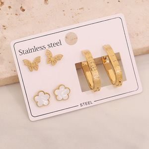 Trendy 3-Pairs çok yönlü paslanmaz çelik saplama küpe kalp yıldız & kelebek çiçek tasarım zirkon küpe ile kadınlar için - Product Image 6