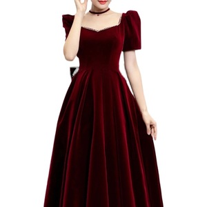 <b>Burgundy</b> <b>Velvet</b> Evening Gown Square Neck Short Sleeve Vintage Style Wedding Party <b>Dress</b> Plus Size Women - Product Image 5