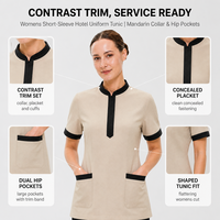 Tunique unisexe à col mandarin pour uniforme d'hôtel, manches courtes, bordure contrastante, uniforme pour le personnel d'entretien ménager, les serveurs et le personnel de restaurant