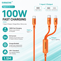 SAMZHE - Cable de Datos Trenzado Naranja de 1.5m Tipo-C 2 en 1, PD100W 5A, Cable de Carga Rápida Tipo-C/L para iPhone 14/13/12/11, iPad, CarPlay