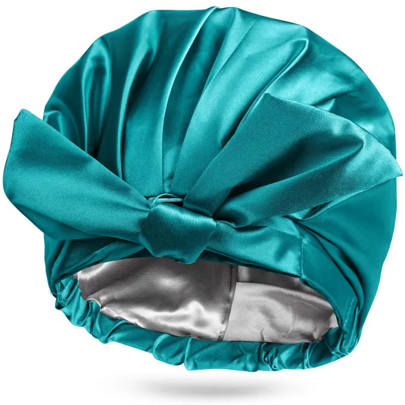 Reutilizável impermeável Silk Satin Bonnet Para Mulheres Dupla camada de poliéster Shower Cap Bathing Cap com fita arco