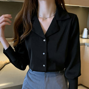 Noir femmes chemises Blouses 2025 chemisier féminin hauts à manches longues décontracté col rabattu <span class=keywords><strong>OL</strong></span> Style bureau dames chemise ample 8237 - Product Image 2