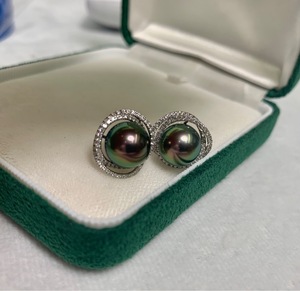 ต่างหูมุกทะเลสีเขียวมรกตต่างหูเพชรทอง18K ฝังสีธรรมชาติ9-10มม. ต่างหูผู้หญิงหรูหรา - Product Image 2