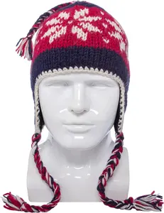 Hand Knit Sherpa Wool Unisex Snowflake Pattern Vintage Ear Flaps Toque Chullos Micro Fleece Lining custom earflap beanie