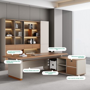 Boss <strong>Desk</strong> L-shaped Office <strong>Desk</strong> Side Cabinet Light Luxury Cream Style President's <strong>Computer</strong> <strong>Desk</strong> for Small <strong>Space</strong> Chair Combination - Product Image 2