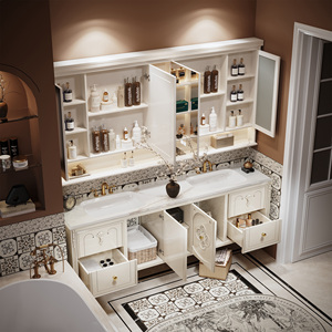 Meuble-lavabo de salle de bain moderne sculpté pour hôtel et villa avec double vasque, <span class=keywords><strong>miroir</strong></span> intelligent et rangement mural – Design élégant - Product Image 2