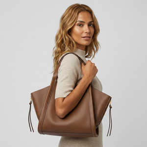 Brown Solid Color Retro Tote Bag PU Portable Shoulder Handbag Crossbody <b>Purse</b> <b>with</b> Side <b>Zip</b> Design for Daily Commuting - Product Image 4