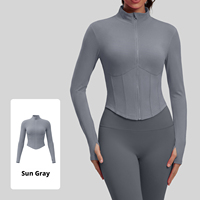 Jaket Olahraga Korset Pinggang Populer Wanita, Ritsleting Penuh, Kerah Tegak, Lengan Panjang, Slim Fit, Atasan Sport untuk Yoga, Fitness Outdoor