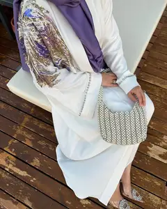 2024 EID DRESS Open Abaya Designs Pearl Embellished Islamic Dress With A Pearl Belt Slim Fit Mesh Jalabiya Muslim Dress Women