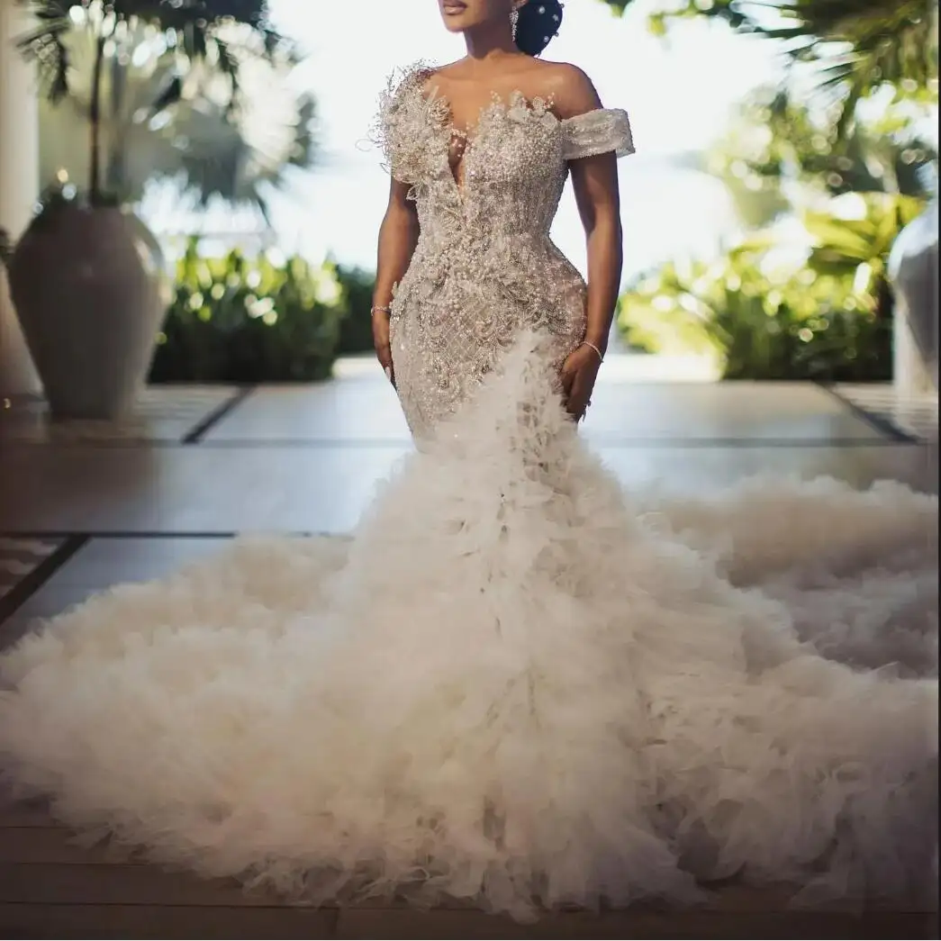 2024 Customize Beaded Mermaid Wedding Dresses with Ruffled Tulle Train Luxury African Bridal Dress Formal Occasion fishtail Gown