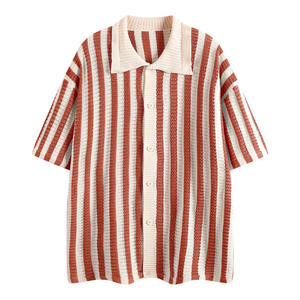 Haute qualité hommes rayé à manches courtes simple boutonnage squelette tricoté pour polos vêtements respirants revers Cardigan - Product Image 4