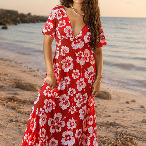 Vestido de verano con estampado Aloha, diseño personalizado, elegante, con cuello en V profundo, ajustado, de alta calidad, 100% rayón, vestidos elegantes. - Product Image 2
