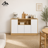 Buffet bicolore blanc et chêne avec quatre portes affleurantes, niche de présentation ouverte pour cuisine et salle à manger, livré en kit
