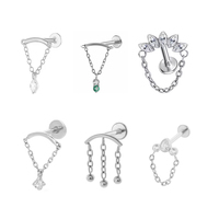 HGC ASTM-F136 Titane Barre Courbe avec Pendentif Fleur Marquise et Cœur en Chaîne, Zircon Cubique à Dos Plat, Labret Stud pour Tragus et Hélix, Bijou de Piercing