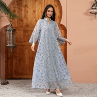 Robe Abaya Traditionnelle Musulmane à Col Montant et Manches Longues en Maille, Imprimé Ethnique, Ornée de Strass pour Femme