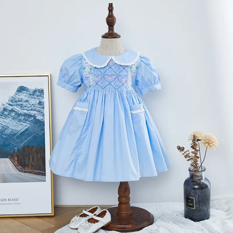 High quality cotton baby dress peter pan collar casual embroidered smocked girl's dresses